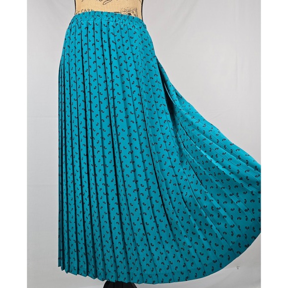 Vintage 80s Andrea Gayle Teal Paisley Pleated Skirt Set Blouse 2pc Suit Size 12 - Picture 4 of 16